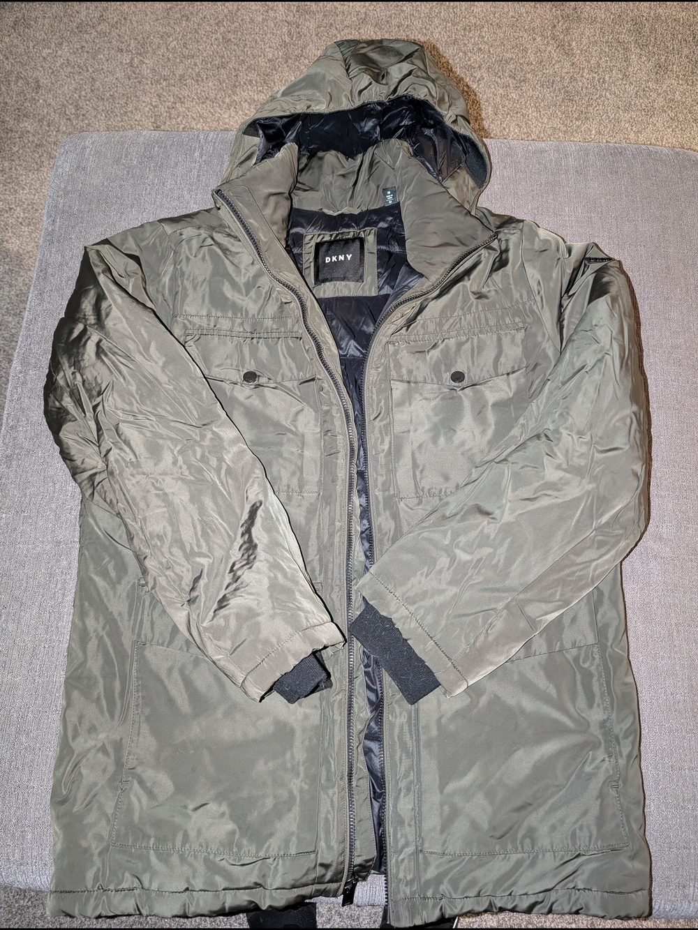 DKNY Men's Hooded Olive Green Puffer Coat